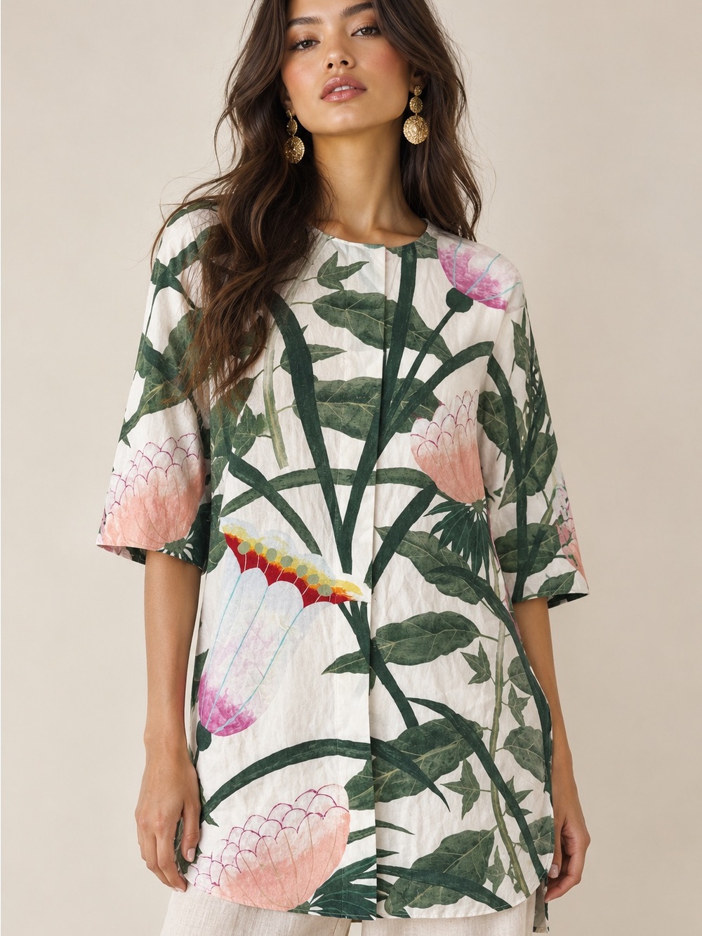 Authentic Vintage Hermes Passifolia 100% Silk Tropical Floral Lily Tunic Blouse